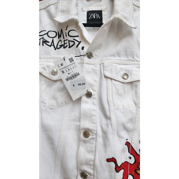 Men's NWT Zara White Denim Jacket Comic Tragedy Small - Picture 2 of 5